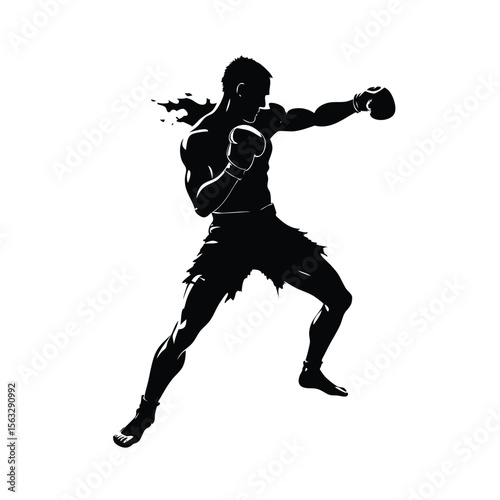 Dynamic silhouette of a boxer delivering a powerful punch isolated on a white background
