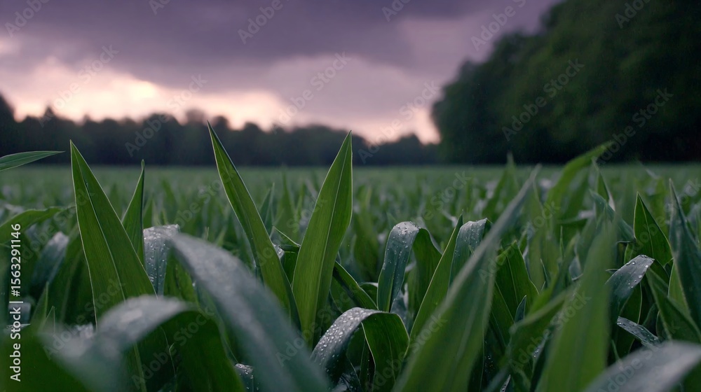 Obraz premium Green cornfield at sunrise with misty purple mountains and village in background, vibrant green and violet tones, space for text.