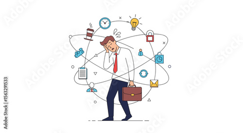 Businessman overwhelmed with multiple tasks and conflicting demands in the workplace