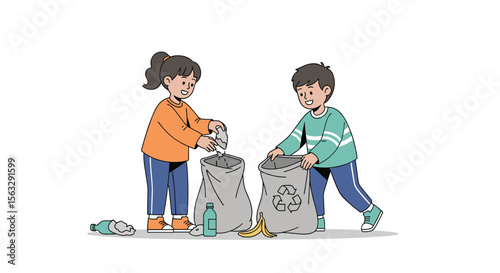 Children actively participating in environmental cleanup activities together