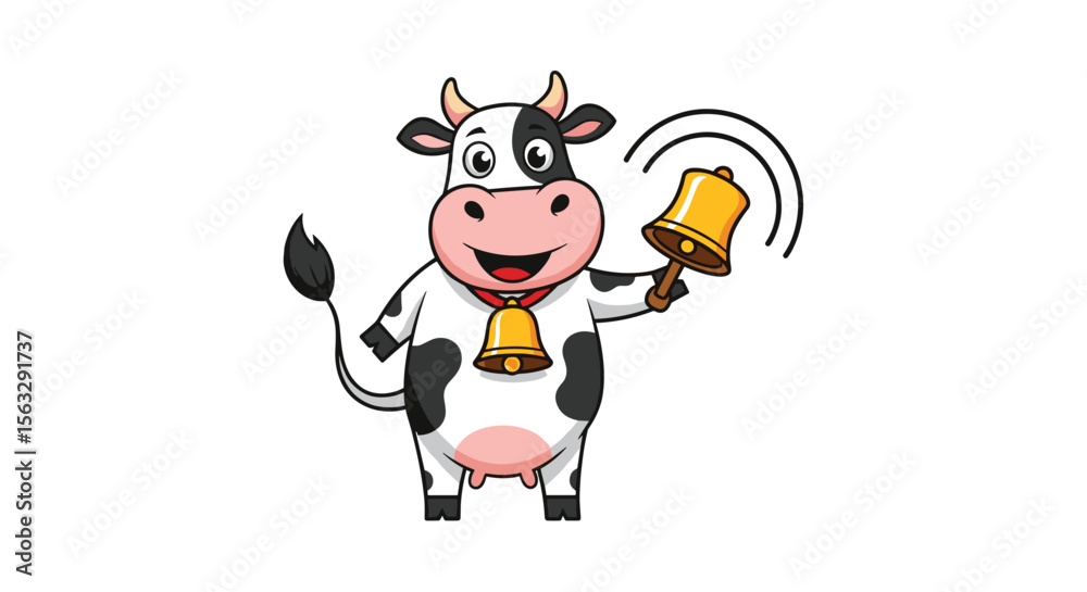 Fototapeta premium Happy cartoon cow ringing a bell with a joyful expression and a small bell around its neck