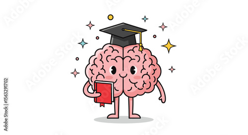 Cute brain character holding a book wearing graduation cap celebrates knowledge and education