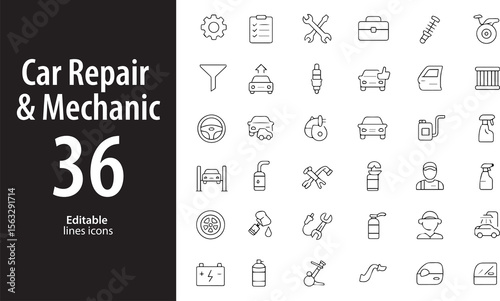 Car Repair and Mechanic Line Icons, Wrench, Gear, Tire, Engine, Oil Change, Editable Formats: AI, EPS, JPG, PNG, Ideal for Both Digital and Print Use
