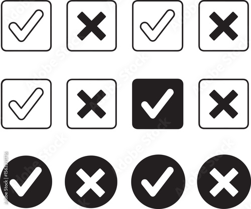 An array of check and cross icons is shown, representing boolean choices. Some have rounded and others squared enclosures.