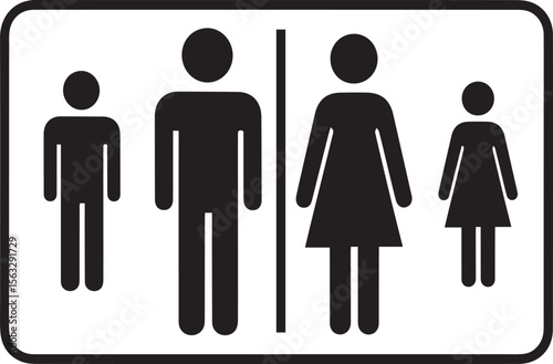 A black and white vector icon for a family restroom. The image shows figures of an adult man and woman, as well as a small boy and girl.