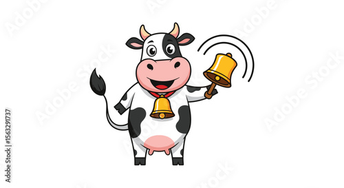 Happy cartoon cow ringing a bell with a joyful expression and a small bell around its neck