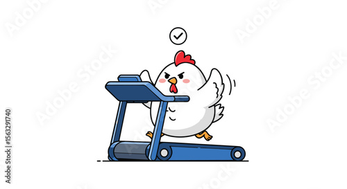 Funny cartoon chicken working out hard on a treadmill