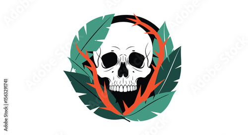 Exploring the symbolism of the skull surrounded by lush greenery and thorny vines