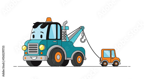 Friendly cartoon tow truck helps a smaller car with a simple tow rescue operation