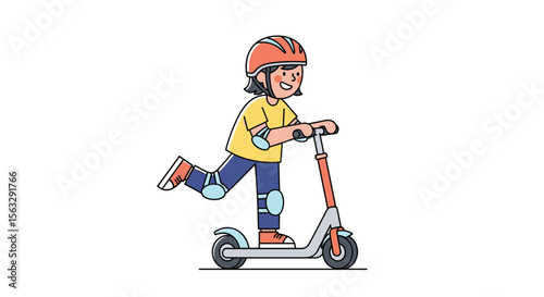 Child enjoying a thrilling ride on an electric scooter with protective gear