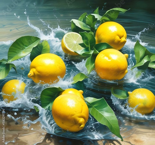 Illustration of yellow lemon slices splashing into cold water.