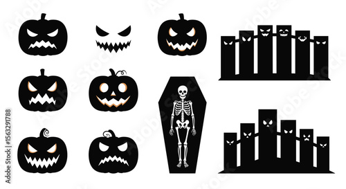 Spooky halloween collection featuring jackolanterns coffins and silhouetted figures