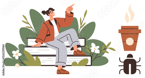 Individual sitting on books surrounded by plants and flowers while pointing upward. Cup with steam and beetle outline to the side. Ideal for education, learning, growth, focus, self-improvement
