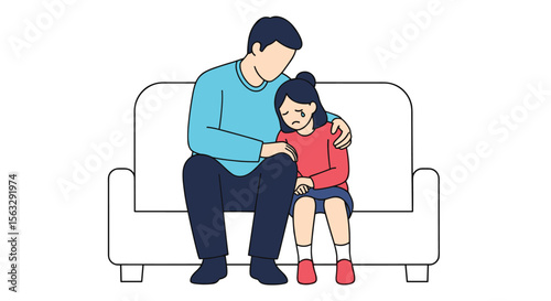 A father comforts his crying daughter on the sofa showing support and care