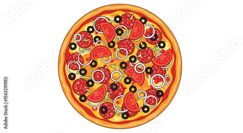 Delicious pepperoni and onion pizza with black olives a delectable italian food classic