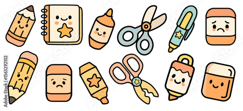 Cute stationery icons including pencils, markers, scissors, and sticky notes with cheerful and sad expressions, perfect for creative projects