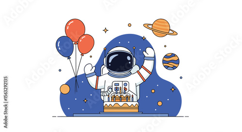 Astronaut celebrating birthday party with planets and balloons in outer space