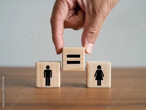 Hand placing equality symbol block between male and female icons on wooden cubes representing gender equality and balance.