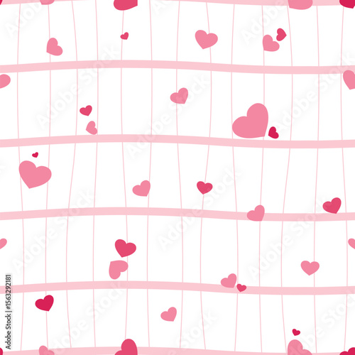 Vector seamless pattern with horizontal stripes and pink hearts. Geometric striped repeating gingham texture.