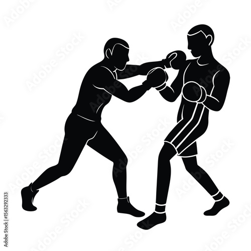Dynamic silhouette of two boxers engaged in intense training practice in black and white