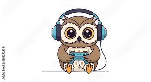Adorable pixel art owl gamer enthusiast with headphones and controller