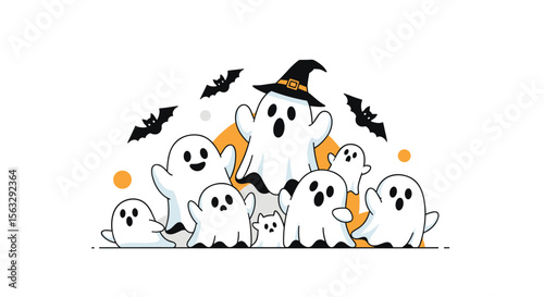 Adorable group of playful ghosts celebrating halloween night with bats and pumpkin decorations