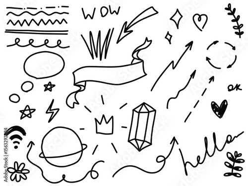 Doodle collage lines shapes arrows stars hearts planet ribbon crown crystal flowers and words