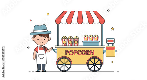 Charming cartoon popcorn vendor with wheeled cart and colorful awning serving delicious snacks