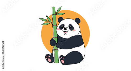 Cute panda hugging a bamboo tree with a warm orange background