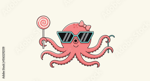 Funky pink octopus enjoying a sweet treat and cool shades on a sunny day