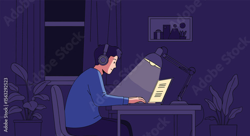 Young person works diligently on laptop in dimly lit room with headphones and desk lamp illuminating workspace