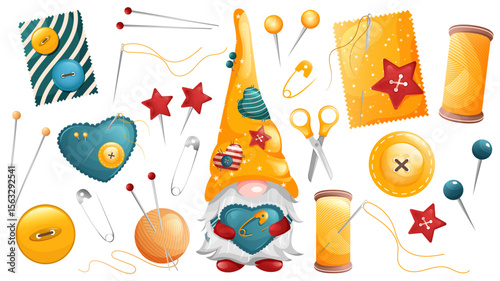 Sewing, embroidery and knitting collection. Funny tailor with sewing tools and accessories. Vector illustration.