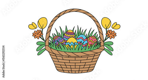 Happy easter egg basket filled with colorful spring decorations and flowers
