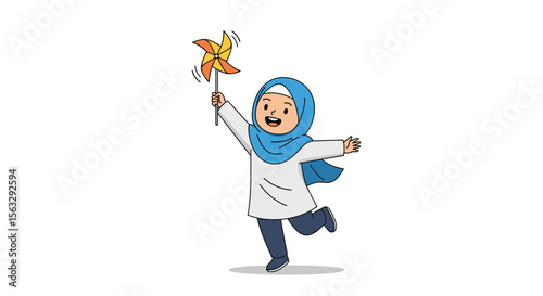 Happy muslim girl joyfully plays with a pinwheel outdoors on a sunny day