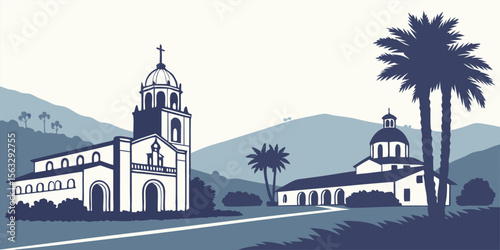 Silhouette of El Cajon with valley landscape, civic buildings, and Mission-style architecture. Ideal for East San Diego County visuals and suburban charm.