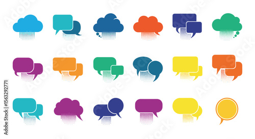 Collection of diverse cloud speech bubbles with raindrops representing communication and ideas