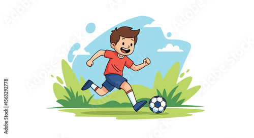 Young boy enthusiastically kicking a soccer ball on a sunny day outdoors