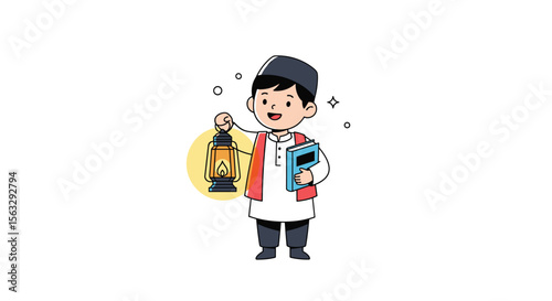 Young muslim boy holding a lantern and a book during ramadan celebration festival