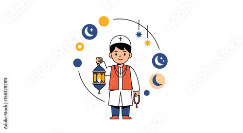 Young muslim boy holding ramadan lantern under crescent moons and stars festive celebration