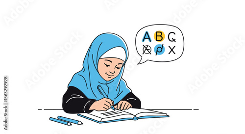 Young muslim girl learning and writing in a classroom environment