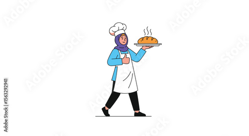 Skilled muslim baker proudly presents freshly baked loaf of bread