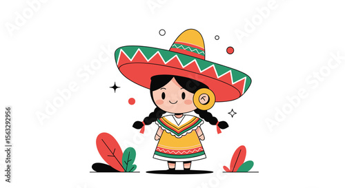 Cute little girl wearing traditional mexican sombrero and colorful outfit celebrating festivities
