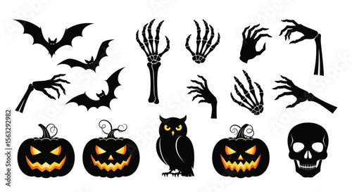 Spooky halloween decorations featuring bats skeletons pumpkins owl and skull