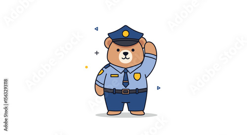 Adorable cartoon bear officer salutes with pride in uniform