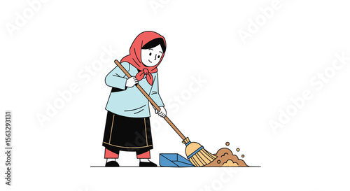 A young girl diligently sweeps the dusty ground with a broom and dustpan