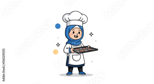 Happy muslim chef girl preparing delicious baked goods with a baking tray and tools