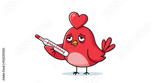 A tired red bird holds a thermometer indicating illness and discomfort