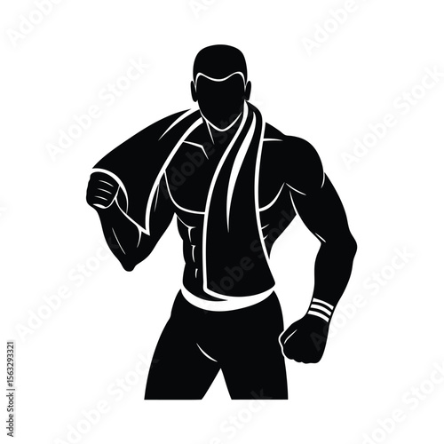 Muscular fitness silhouette of a man with a towel after an intense workout session in monochrome style