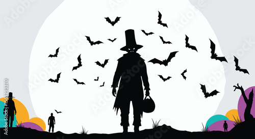 Haunted halloween night with spooky silhouettes and flying bats under full moon