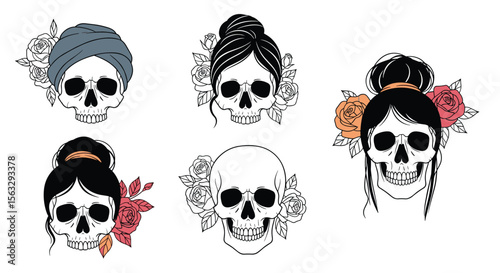 Artistic skull illustrations with floral hair accents for creative designs